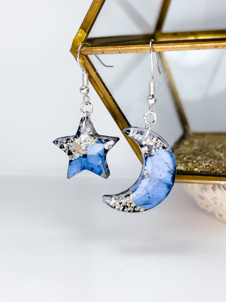 Hydrangea & Queen Anne's Lace Moon and Star Dangle Earrings