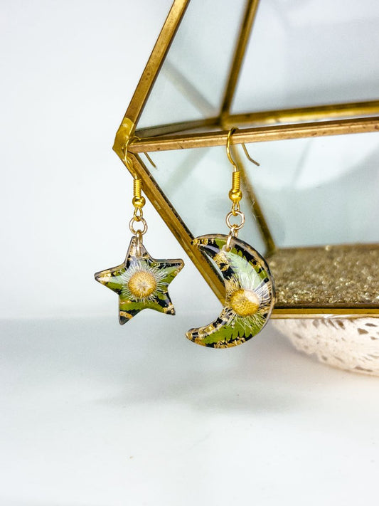 Daisy with Fern Moon & Star Dangle Earrings