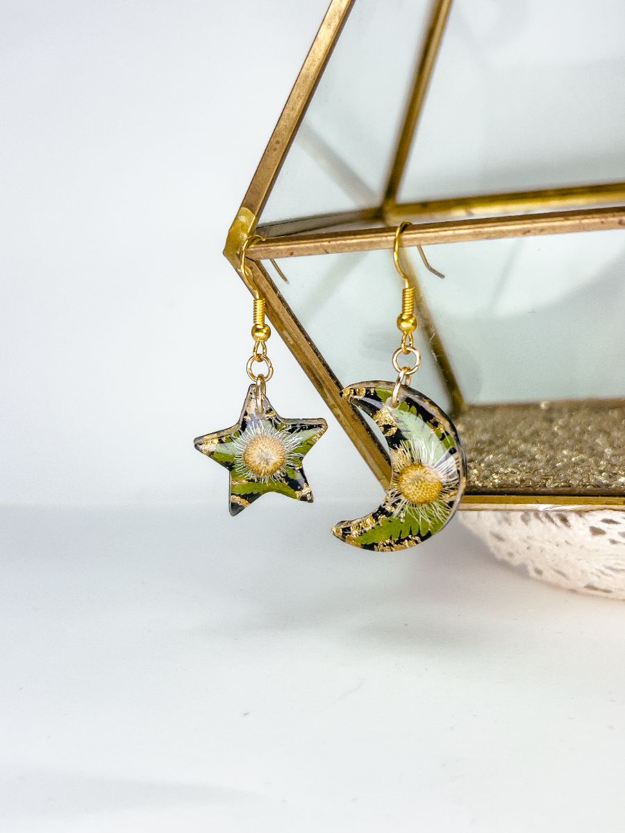 Daisy with Fern Moon & Star Dangle Earrings