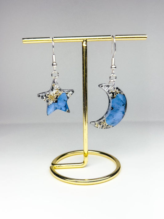 Hydrangea & Queen Anne's Lace Moon and Star Dangle Earrings