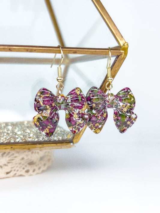 Crushed Poinsettia Christmas Bow Dangle Earrings