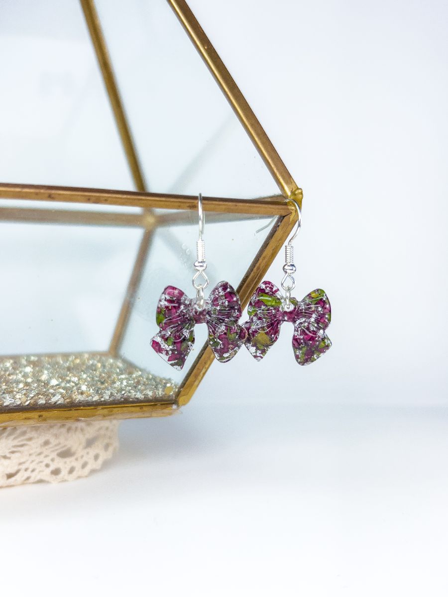 Crushed Poinsettia Christmas Bow Dangle Earrings