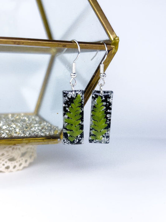 Black Fern Rectangle Earrings