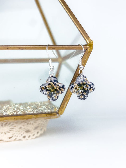 Black Queen Anne's Lace Clover Dangle Earrings