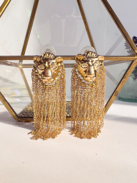 Lion Head with Metal Fringe Earrings