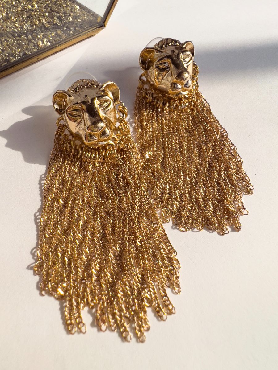 Lion Head with Metal Fringe Earrings