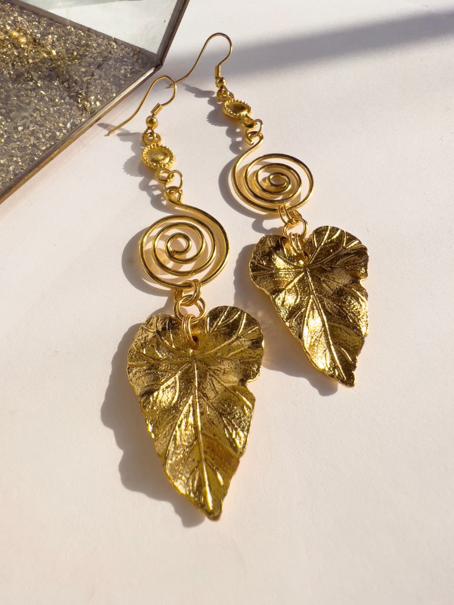 Gold Leaf Swirl Dangle Earrings