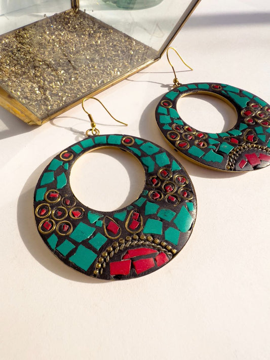 Large Turquoise & Red Mosaic Earrings