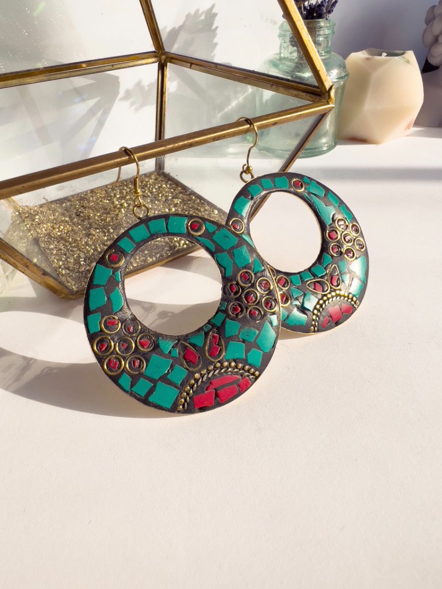 Large Turquoise & Red Mosaic Earrings