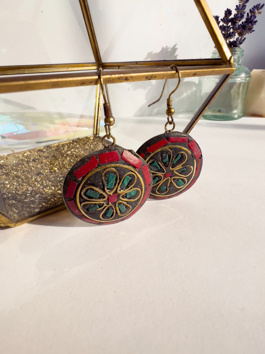 Red & Turquoise Mosaic Dangle Earrings