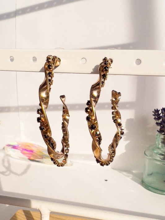 Gold & Black Rhinestone Hoop Earrings