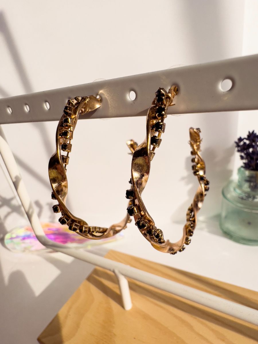 Gold & Black Rhinestone Hoop Earrings