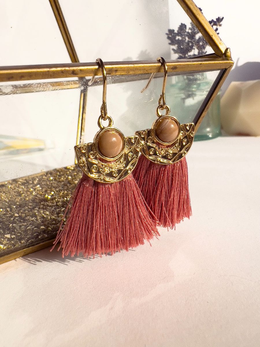 Gold & Pink Fringe Dangle Earrings