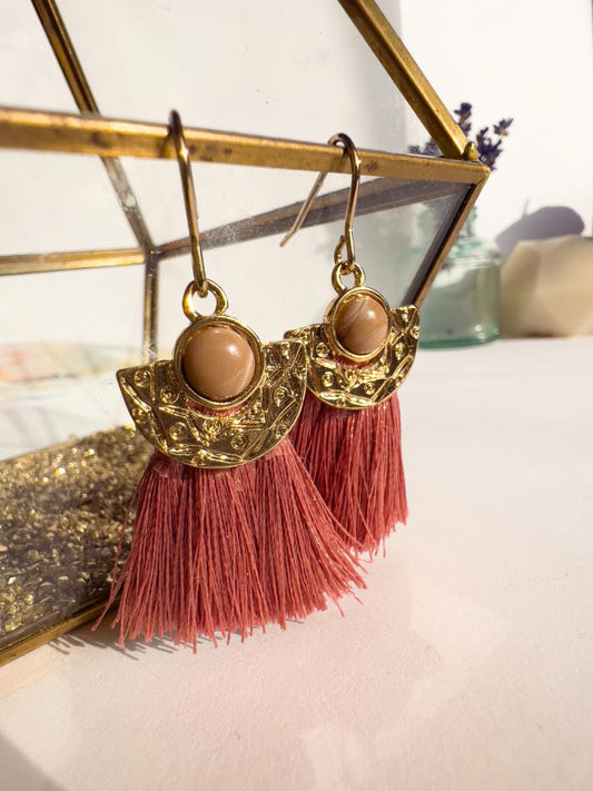 Gold & Pink Fringe Dangle Earrings