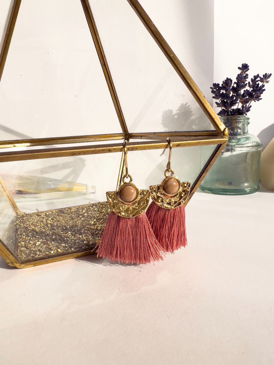 Gold & Pink Fringe Dangle Earrings