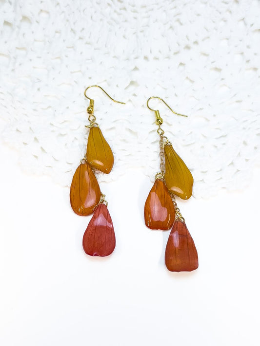 Dangle earrings made from real zinnia petals by Golden Kitty Jewellery.