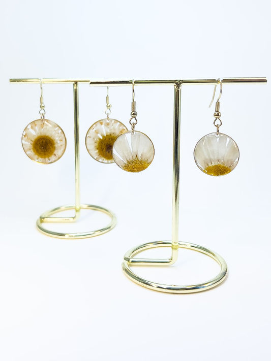 Two pairs of circle pendant dangle earrings made with real pressed daisies. One pair large, one pair medium.