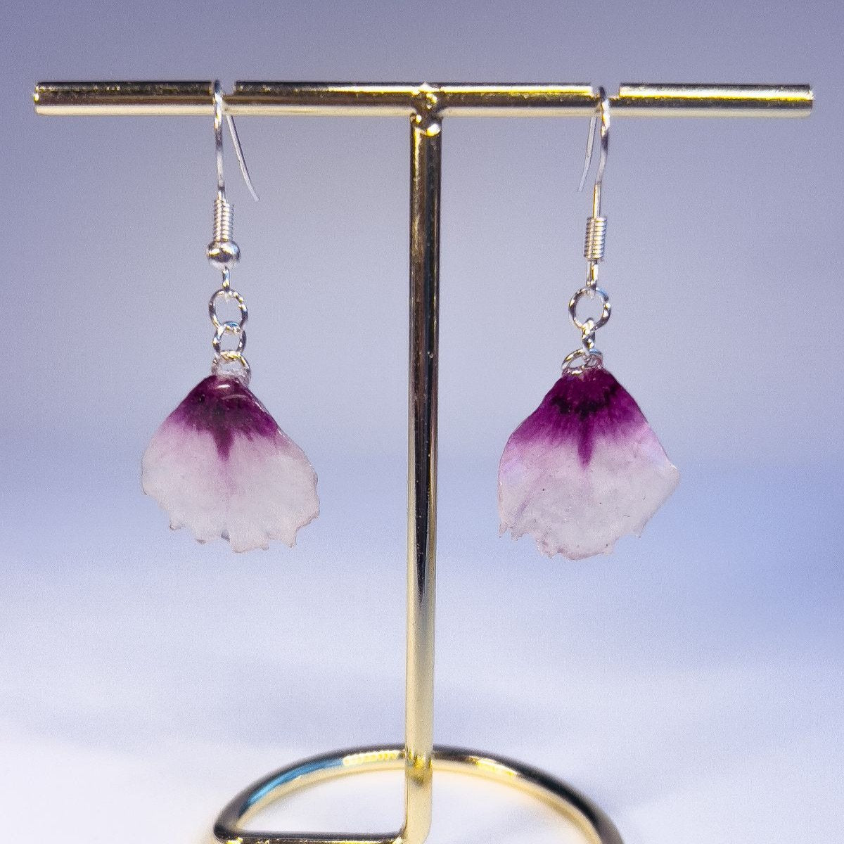 Dangle earrings made from pressed dianthus flower petals. This set is in silver.