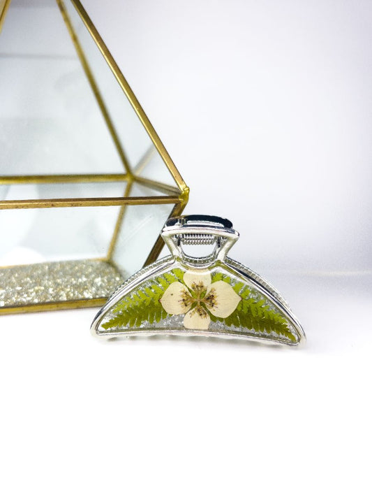 Silver metal hair clip made with real pressed dogwood flowers and ferns.