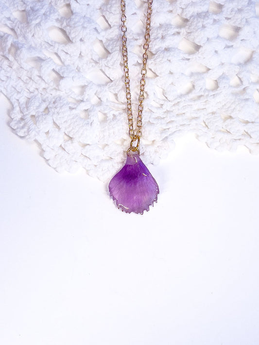 Necklace pendant made from a real dianthus flower petals.