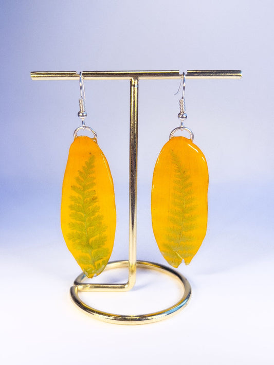 Handmade flower petal earrings made from Rudbeckia Brown Eyed Susans and Ferns in Nova Scotia.