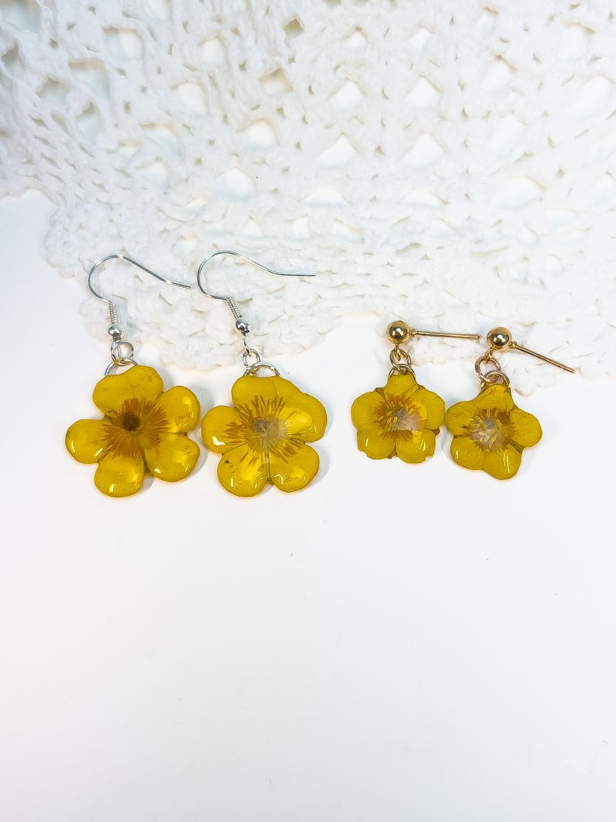 Real Buttercup dangle earrings, one pair with fishhook dangles and one with a stud post type dangle.