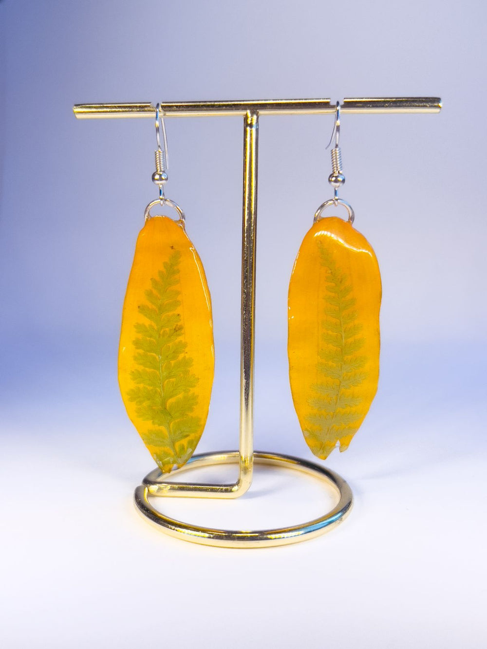 Real flower petal earrings made from Rudbeckia (Brown Eyed Susans) and Ferns.