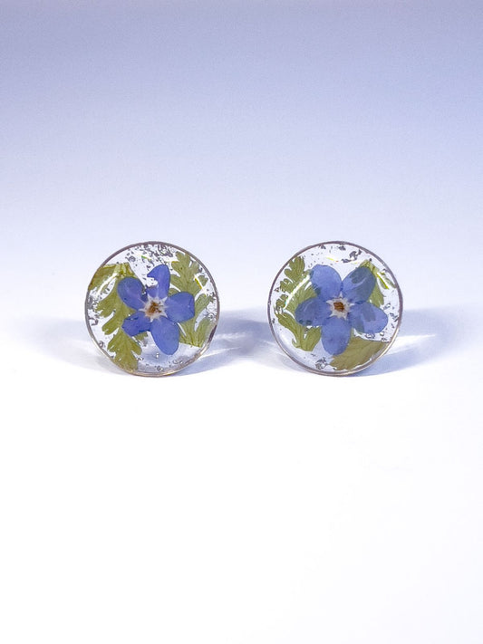 Round stud earrings made from pressed forget-me-nots and ferns. 