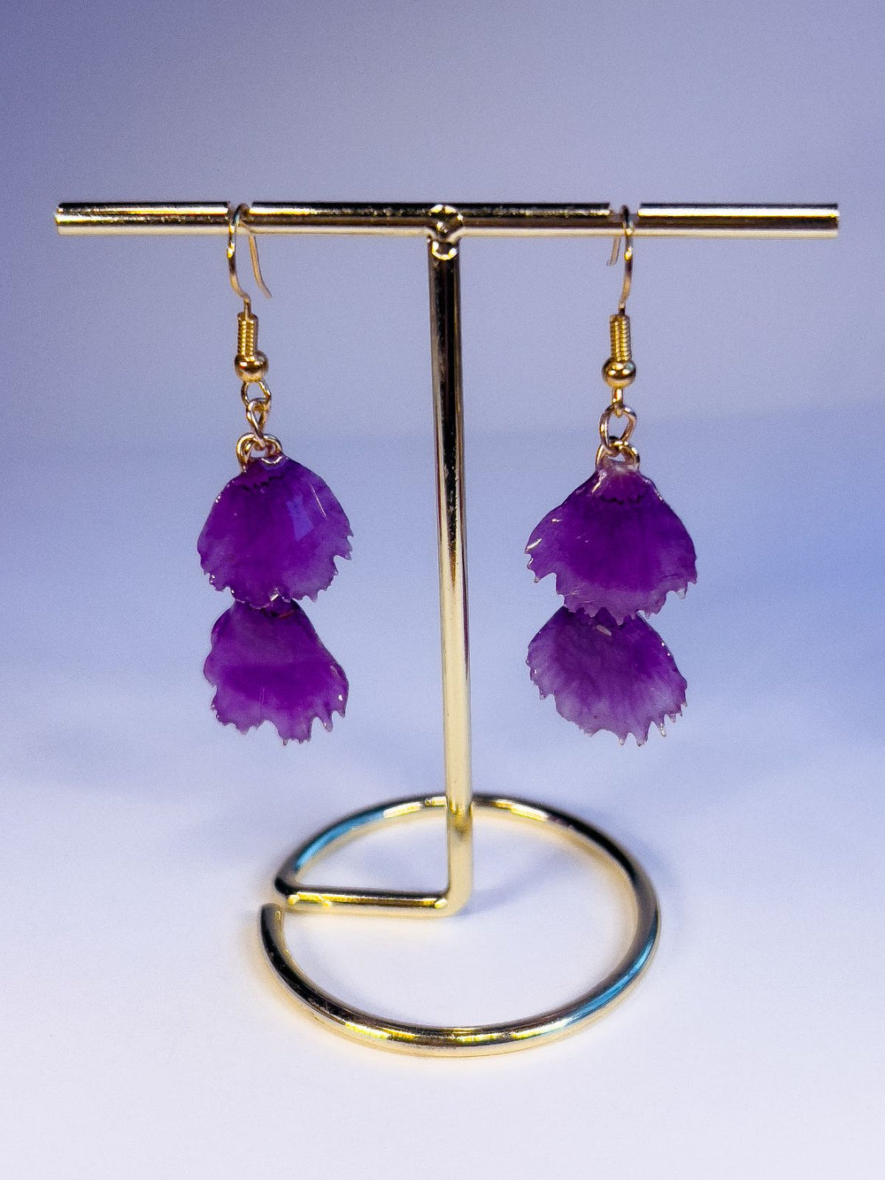 Gold earrings made from purple dianthus flower petals from Nova Scotia.