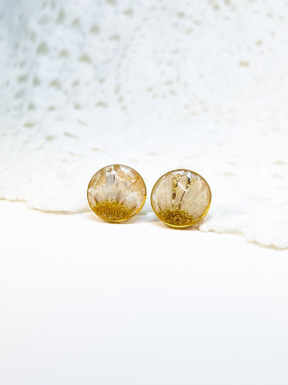 Small gold stud earrings made from pressed  daisies. 