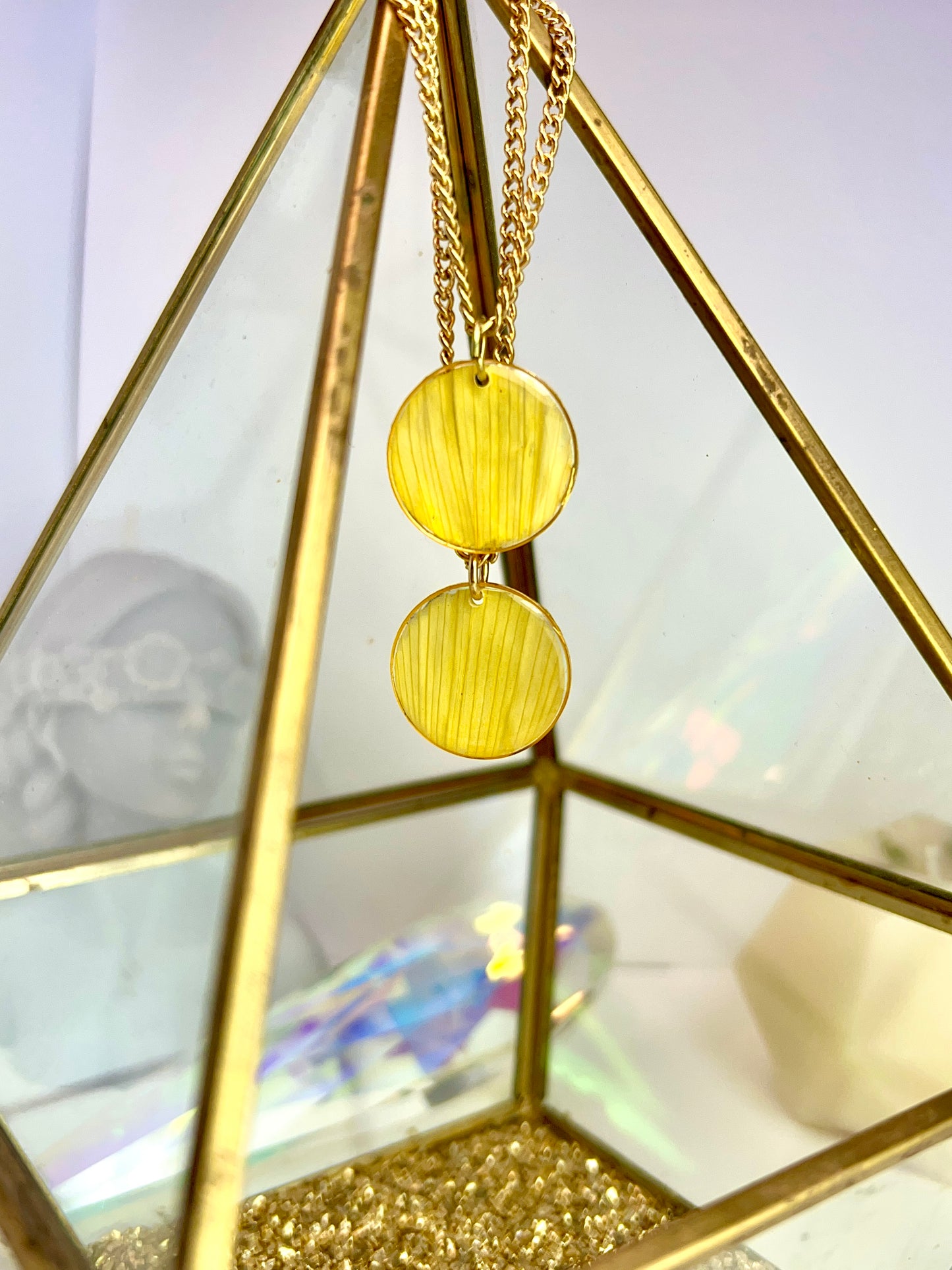 Black Eyed Susan petals into a circle pendant necklace. Handmade.